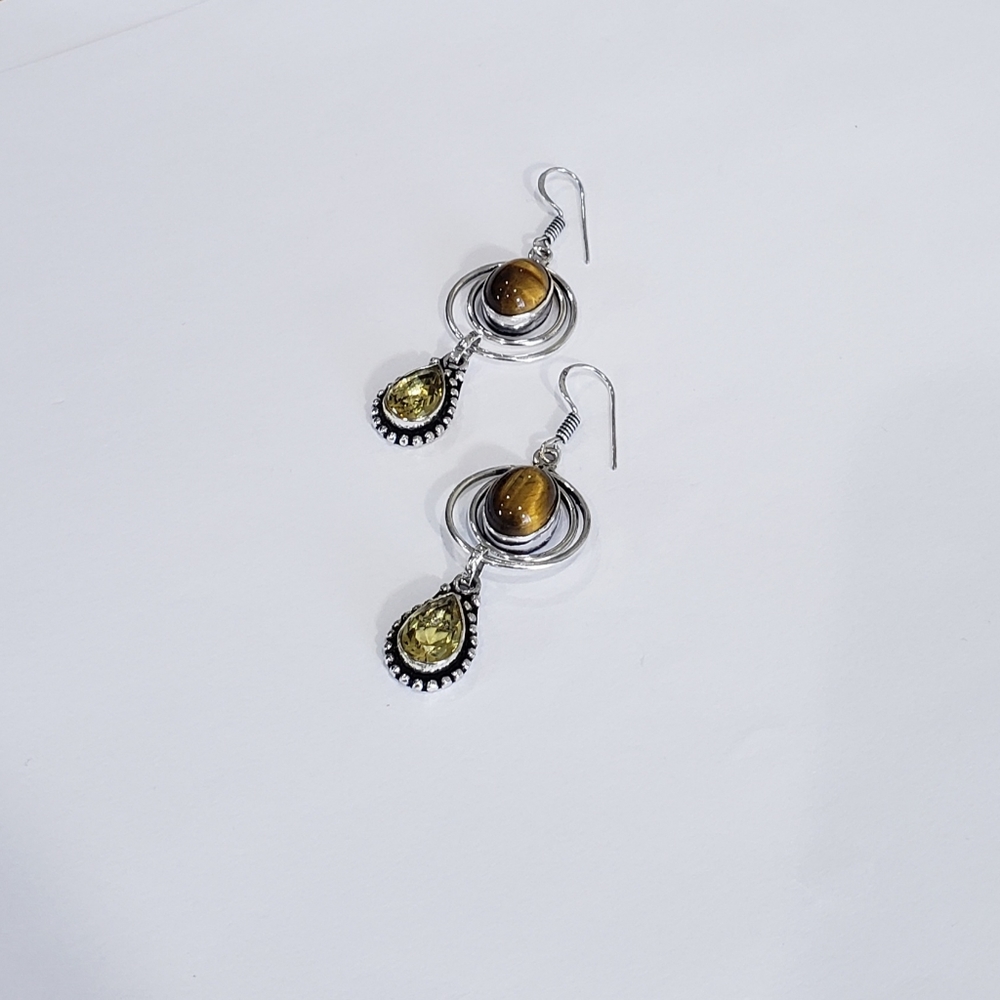 Tiger eye earrings, 925 silver tiger eye citrine dangle earrings - Picture 3 of 12